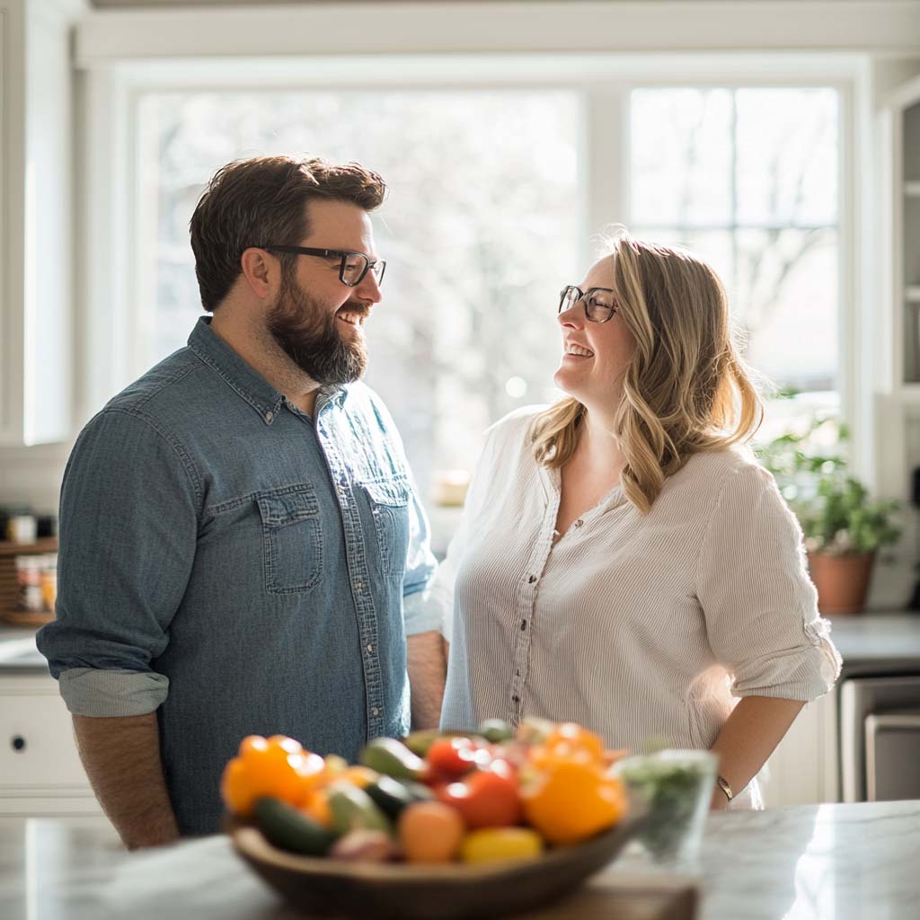 Couple in kitchen with healthy food