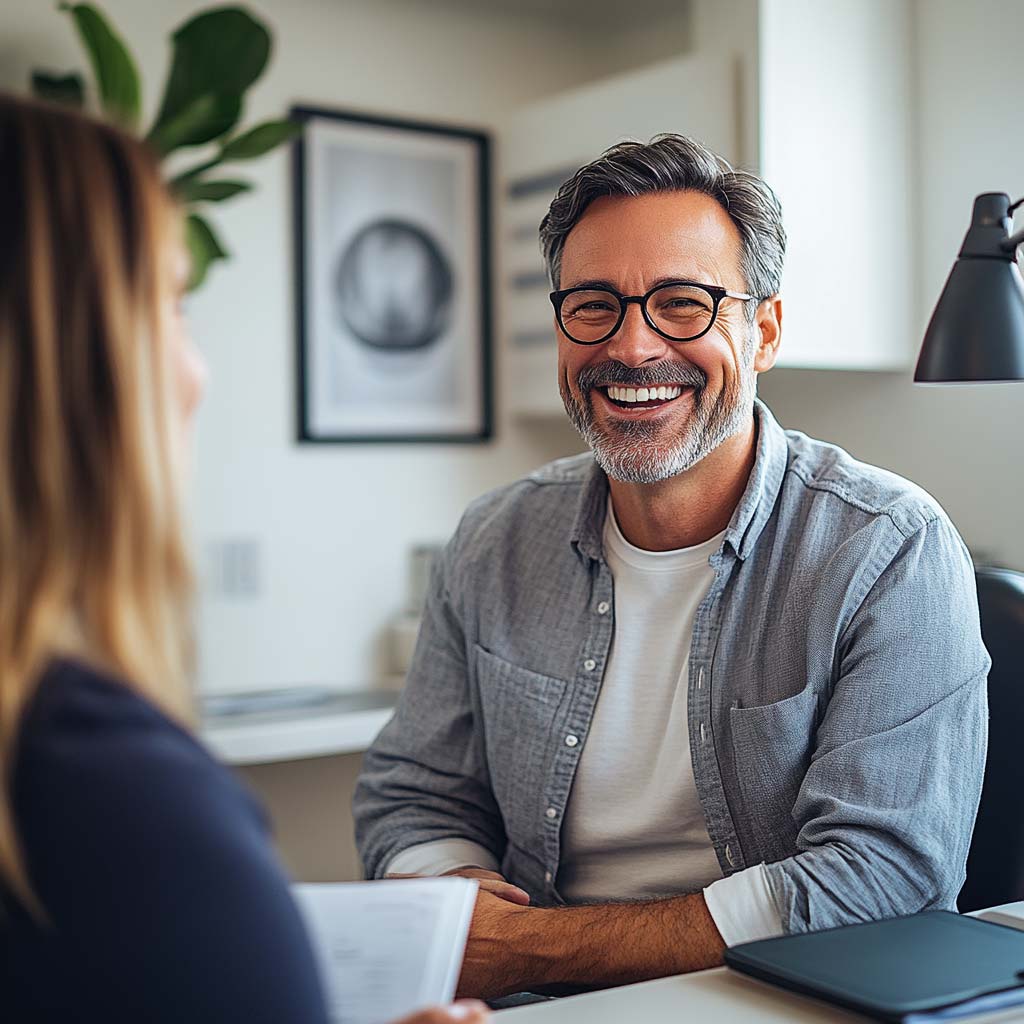Smiling man with glasses in jean shirt