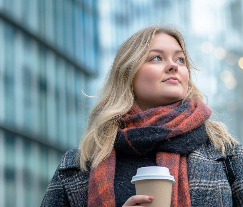Woman with coffee cup in city